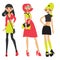 Vector set with three lovely fashion neon girls drawn in flat style. Young characters with various bags and skirts, in crop-tops,