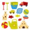 Vector set of toys for playing in the sandbox. Sand castles, bouncy balls for the sea. Children's bucket and watering
