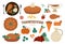 Vector set of traditional Thanksgiving desserts and dishes isolated on white background. Cute funny illustration of autumn holiday