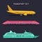 Vector set of transportation icons in flat style. Plane, train and ship logos set. Travel infographics illustrations.