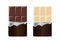 Vector set of two illustrations of unpacked realistic cocoa dark and white milk chocolate bar isolated on a white background.