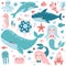 Vector set of underwater animals and mermaids