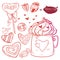 Vector set Valentine`s day. Hand drawn illustration sweets, cookies, strawberries, a cup of hot chocolate, hearts