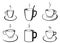 Vector set of various, abstract, outline coffee and tea cups in black color, isolated