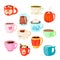 Vector set of various cups with drinks, tea or coffee. Cocoa with marshmallows, winter warming drinks and hot espresso cup.