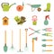 Vector set of various gardening items and garden tools in flat design