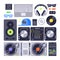 Vector set various stylized dj music equipment icon nightclub mixing turntable volume disc control.