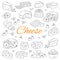 Vector set of various types of cheese, hand drawn illustration on chalkboard background.