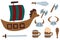 Vector set of viking accessories. Vector illustration of viking objects. Axes, swords, ship.