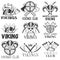 Vector set of vikings labels in vintage style. Design elements, icons, logo, emblems, badges. Viking warrior helmet and