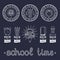 Vector set of vintage Back to School labels. Retro signs, icons collection with educational equipment.