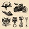 Vector set of vintage bikers elements. Hand sketched chopper signs collection for logo etc. Detailed custom motorcycle.