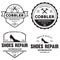 Vector set of vintage logos, labels, badges, emblems or logotypes elements for shoemaker, shoes shop and shoes repair