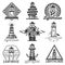 Vector set of vintage style lighthouses. Isolated logos, badges, emblems, icons or labels in monochrome