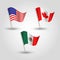 Vector set of waving american, canadian and mexican flags on silver pole - icon of states - the united states of America Mex