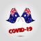 Vector set waving crossed flags of australia on silver pole - australian icon with red 3d text title coronavirus covid-19
