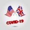 Vector set waving crossed flags of usa and uk on silver pole â€“ american and british icon with red 3d text title coronavirus