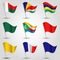 Vector set of waving flags east africa on silver pole - icon of states madagascar, mauritius,