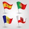 Vector set of waving flags southwestern europe silver pole - icon of states spain, portugal, andorra and gibraltar