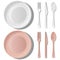 Vector set of white and coral crockery and cutlery. Top view of ceramic plates, spoons, forks, knives