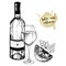 Vector set of white wine in engraved vintage style. Wine bottle, glass, lime and parsley. on white background.