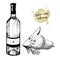 Vector set of white wine in engraved vintage style.Wine bottle, rosemary branch and pear slices.