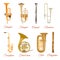 Vector set of wind musical instruments isolated on white background