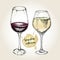 Vector set of wineglass collection. Engraved vintage style. Standard glasses for white and red wines.