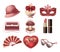 Vector set of womens fashion accessories. Hat, carnival mask, handbag, fan, heart pillow, perfume, lipstick, ring with a diamond