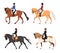 vector set of young horsewoman at racecourse. Professional equestrian competition, dressage performance. Woman riding
