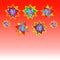 Vector seven multicolored stars on red background card, postcard, invitation, illustration