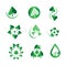 Vector shiny green leaf set, nature, ecology, green drops, water, biology, organic, natural, leaf symbol icons