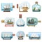 Vector ship in bottle boat in miniature sailboat souvenir in glass jar with cork shipping ouvenir in flask isolated on