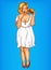 Vector shocked fat obese blonde woman in white dress with hamburger, obesity from fast food concept in pop art.