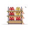 Vector of a shoe rack filled with various pairs of shoes in a bustling shoe store