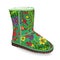 Vector shoes, green winter boots with fur from floral print, isolated