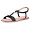 Vector shoes, women`s black sandals on flat-bottomed with straps, isolated