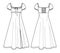 Vector short sleeve maxi dress technical drawing