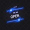 Vector Sign: Come In, We Are Open, Glowing Neon Lettering, Isolated on Transparent Background.