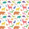 Vector silhouette animals seamless pattern. Deer, hare, fox, hedgehog, squirrel, wolf, bear, snake, beaver, raccoon, mouse, wild