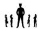 Vector silhouette of a big man with a crown and four small women near him.