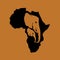 Vector silhouette of black Africa with two brown elephant head silhouette inside on brown background. Elephant mother and baby