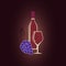 Vector silhouette of a bottle of red wine, a wineglass and a bunch of grapes on a burgundy background.