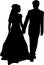 Vector silhouette of a bride and groom holding hands. The wedding couple