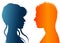 Vector Silhouette of colored profile. Talking between a man and a woman. Dialogue between people. Communication between businesswo