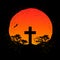 Vector silhouette of a cross on a gradient grunge orange circle background with trees silhouettes.