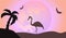 Vector silhouette of a flamingo with moon and palm background