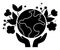 Vector silhouette with hands holding earth with flowers. Earth day black stencil illustration with cute planet. Environment