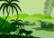 Vector silhouette illustration of tropical lake with mountains, trees and leopards silhouettes in jungle rainforest wetland