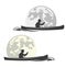 Vector silhouette of man rowing in canoe boat and full moon
